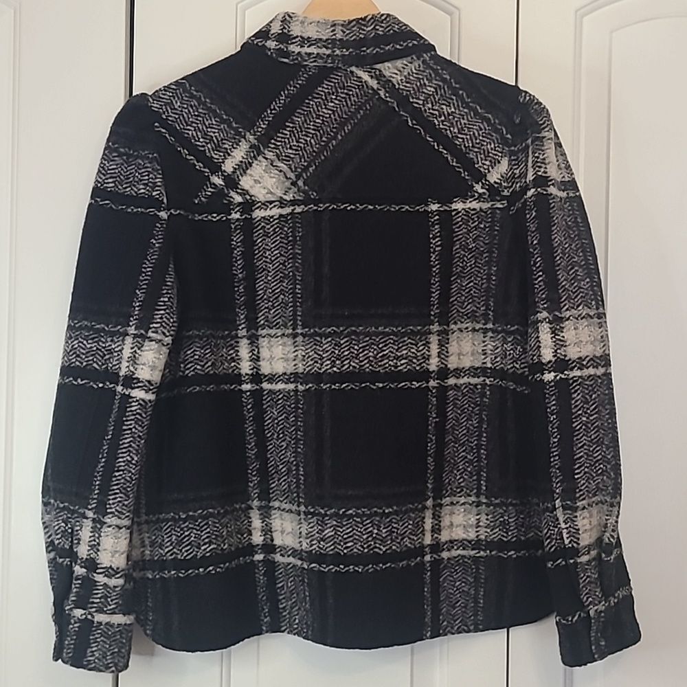 Gap Puff Sleeve Cropped Wool Shirt Jacket Black White Plaid Size L - Picture 8 of 15